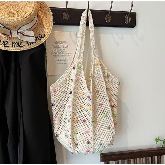 Boho Crochet Beach Bag Tote Large Capacity Summer Travel Gift - Picture 7 of 8